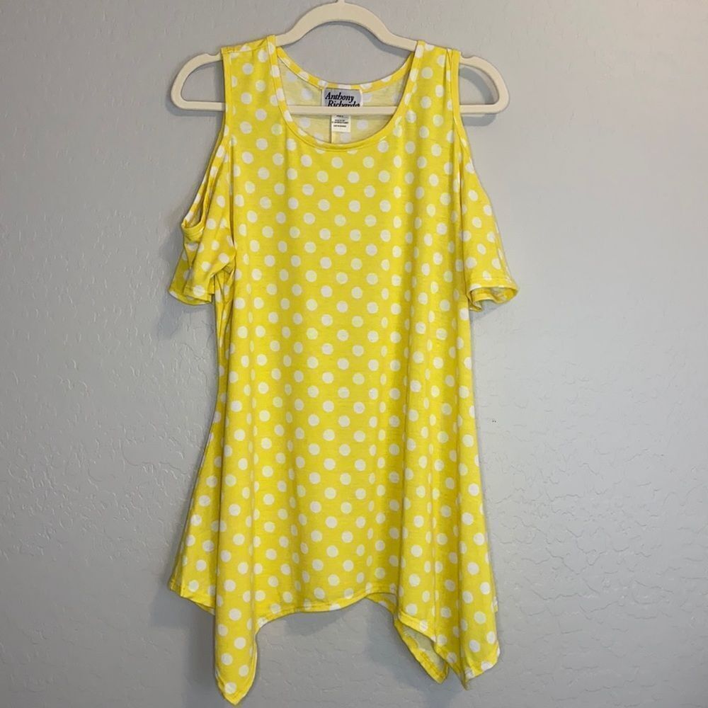 Anthony Richards Women’s Yellow with White Polka Dot Cold Shoulder Tunic Large - Picture 7 of 7